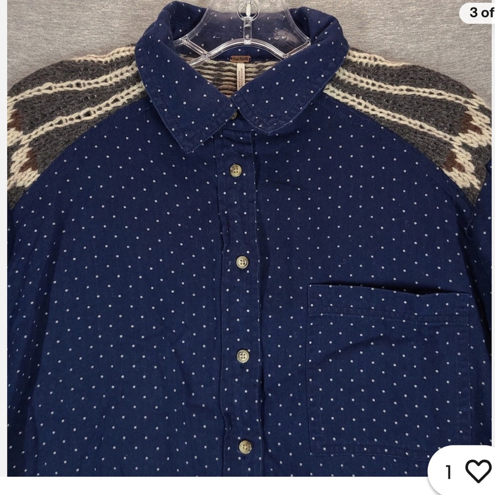 Free People Blue Polka Dot Wool Blend Buttoned Down Sweater Knit Inset Shirt.SzL - Picture 6 of 9